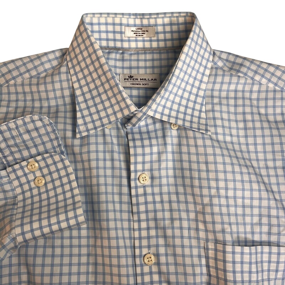Peter Millar Crown Soft Blue White Checked Gingham L/S Shirt Cotton Silk L